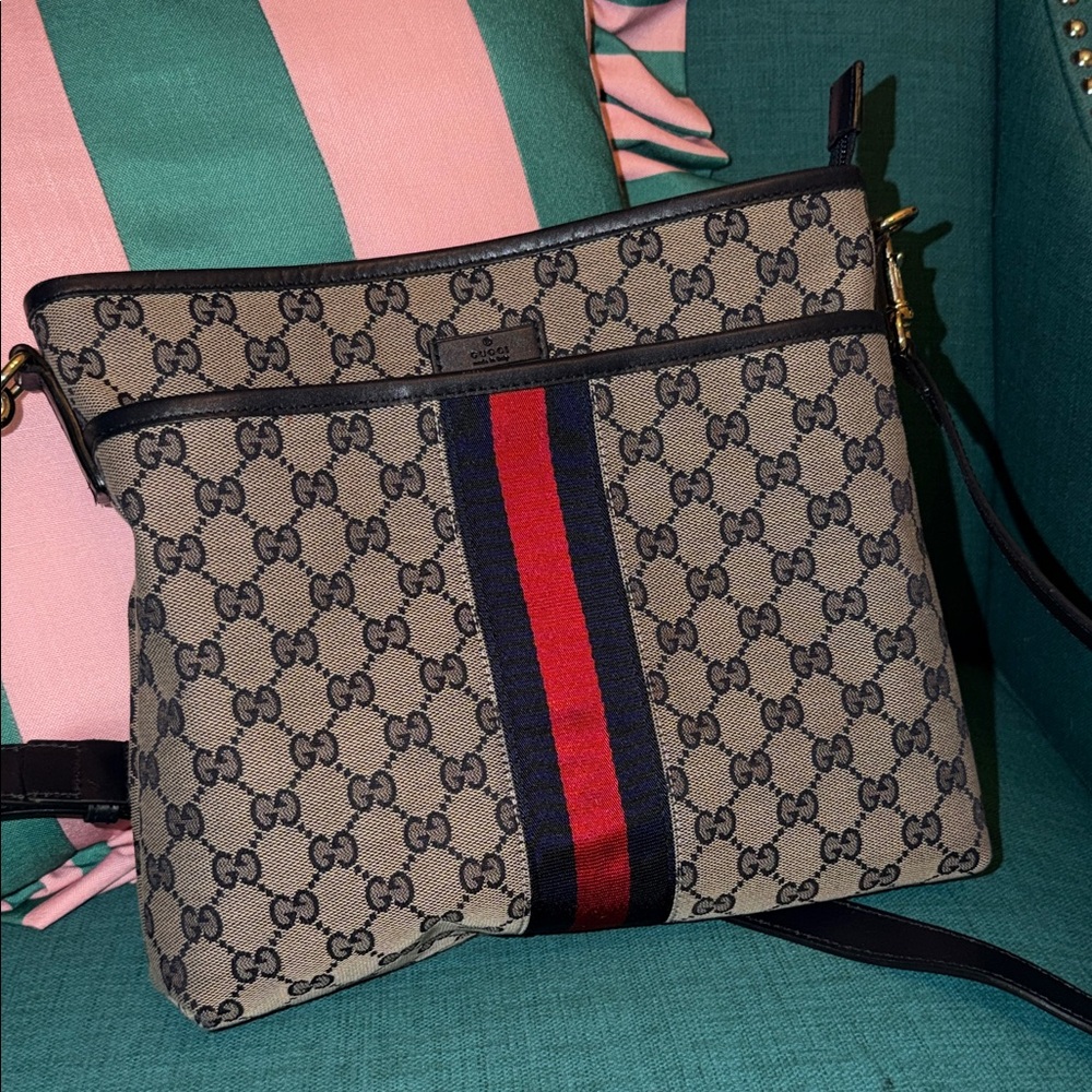 Gucci Beige Monogram Crossbody with Navy & Red Web Stripe